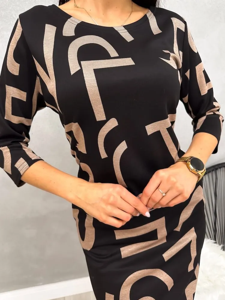 Czarna Sukienka w Beżowy Wzór 13207-296-B|Modna Kiecka Clearance