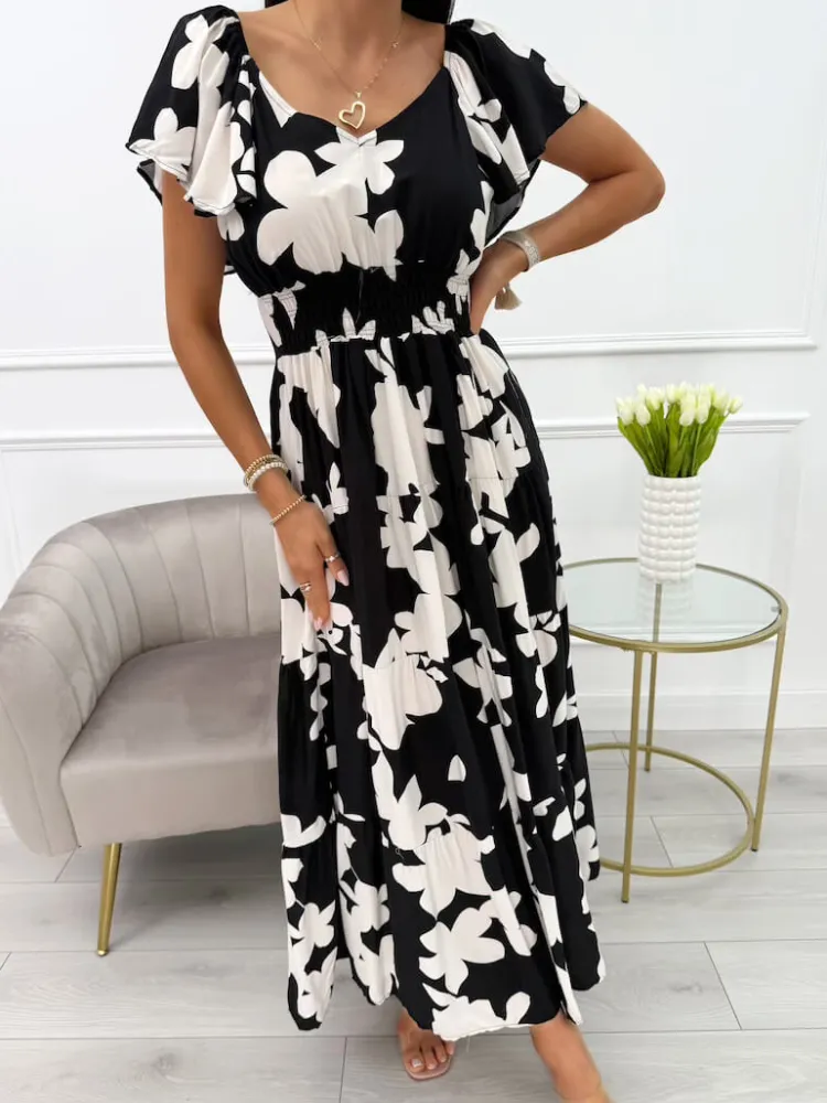 Czarna Sukienka w Beżowy Wzór 14023-90-B|Modna Kiecka Fashion