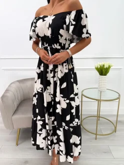 Czarna Sukienka w Beżowy Wzór 14023-90-B|Modna Kiecka Fashion