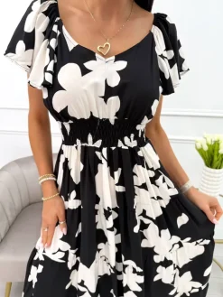 Czarna Sukienka w Beżowy Wzór 14023-90-B|Modna Kiecka Fashion