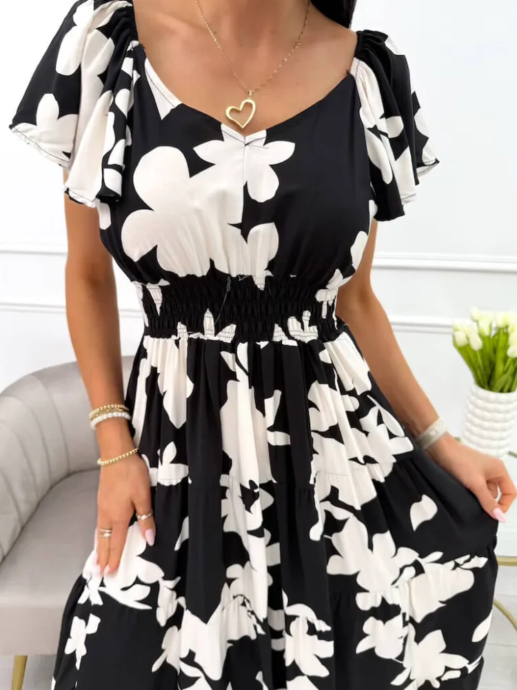 Czarna Sukienka w Beżowy Wzór 14023-90-B|Modna Kiecka Fashion