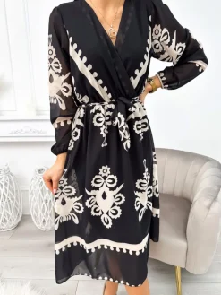 Czarna Sukienka w Beżowy Wzór z Paskiem 11259-238-Q|Modna Kiecka Outlet