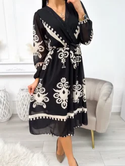 Czarna Sukienka w Beżowy Wzór z Paskiem  11259-238-Q|Modna Kiecka Outlet