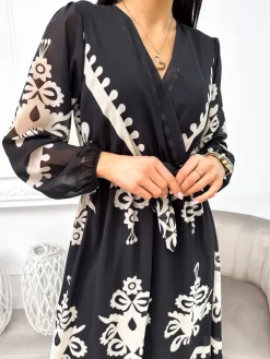 Czarna Sukienka w Beżowy Wzór z Paskiem  11259-238-Q|Modna Kiecka Outlet