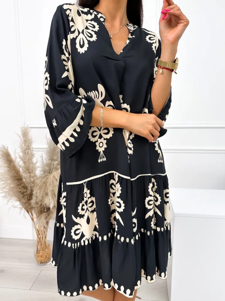 Czarna Sukienka w Beżowy Wzór 10786-531-A|Modna Kiecka Fashion