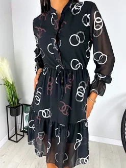 Czarna Sukienka w Biało-Brązowy Wzór 11686-299-Q|Modna Kiecka Online
