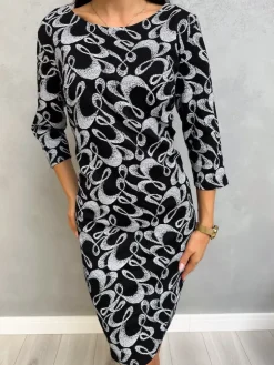 Czarna Sukienka w Biały Wzór 13073-158-Q|Modna Kiecka Hot