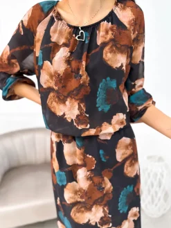Czarna Sukienka w Brązowo-Turkusowy Wzór 11149-178-Q|Modna Kiecka Hot