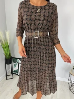Czarna Sukienka w Brązowy Wzór 12196-413-Q|Modna Kiecka Best