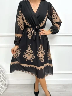 Czarna Sukienka w Brązowy Wzór z Paskiem 13195-148-Q|Modna Kiecka Discount