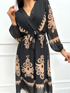 Czarna Sukienka w Brązowy Wzór z Paskiem 13195-148-Q|Modna Kiecka Discount