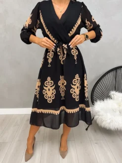 Czarna Sukienka w Brązowy Wzór z Paskiem 13195-148-Q|Modna Kiecka Discount