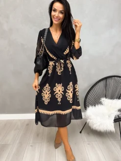 Czarna Sukienka w Brązowy Wzór z Paskiem 13195-148-Q|Modna Kiecka Discount