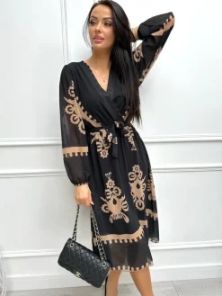 Czarna Sukienka w Brązowy Wzór z Paskiem 13195-148-Q|Modna Kiecka Discount