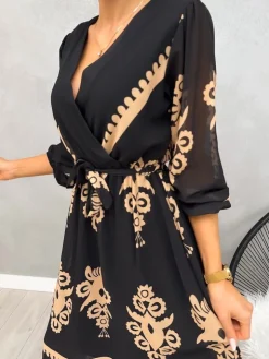 Czarna Sukienka w Brązowy Wzór z Paskiem 13195-148-Q|Modna Kiecka Discount