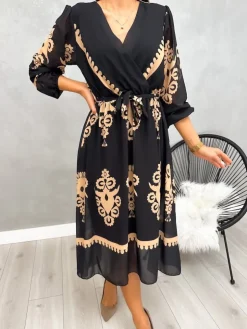 Czarna Sukienka w Brązowy Wzór z Paskiem 13195-148-Q|Modna Kiecka Discount