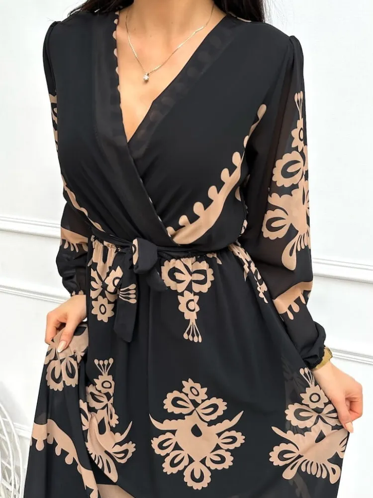 Czarna Sukienka w Brązowy Wzór z Paskiem 13195-148-Q|Modna Kiecka Discount