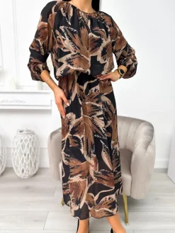 Czarna Sukienka w Brązowy Wzór 11209-351-Q|Modna Kiecka Discount
