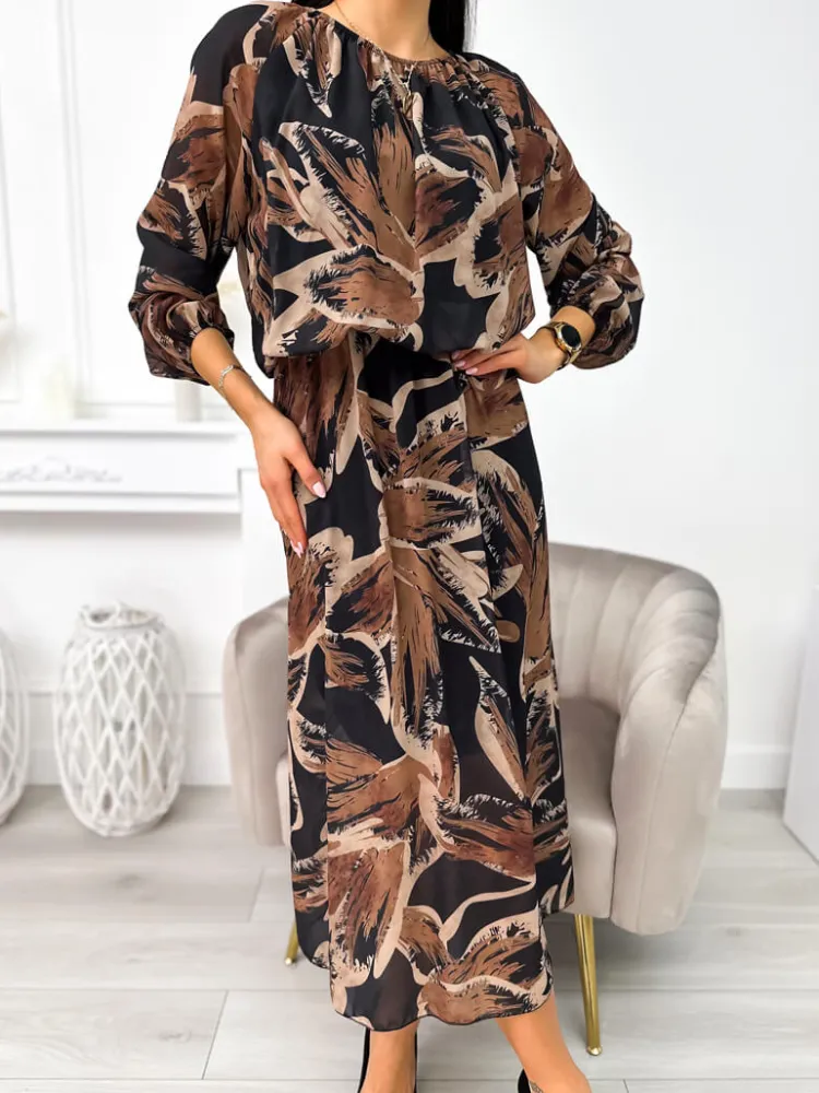 Czarna Sukienka w Brązowy Wzór 11209-351-Q|Modna Kiecka Discount