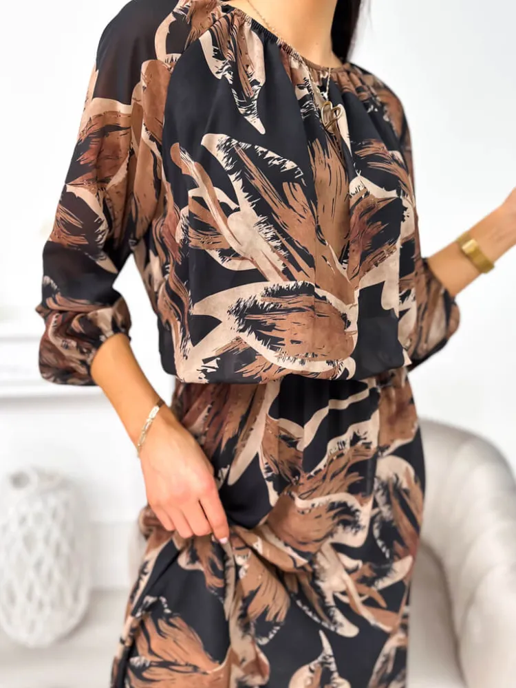 Czarna Sukienka w Brązowy Wzór 11209-351-Q|Modna Kiecka Discount