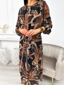 Czarna Sukienka w Brązowy Wzór 11209-351-Q|Modna Kiecka Discount