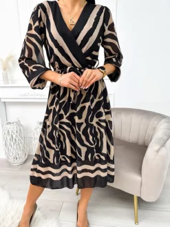 Czarna Sukienka w Brązowy Wzór 11258-223-Q|Modna Kiecka Sale
