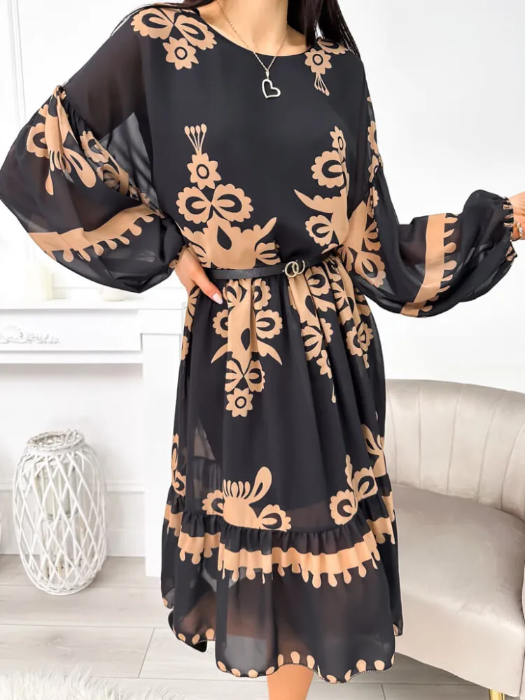 Czarna Sukienka w Brązowy Wzór 11298-02-Q|Modna Kiecka Fashion