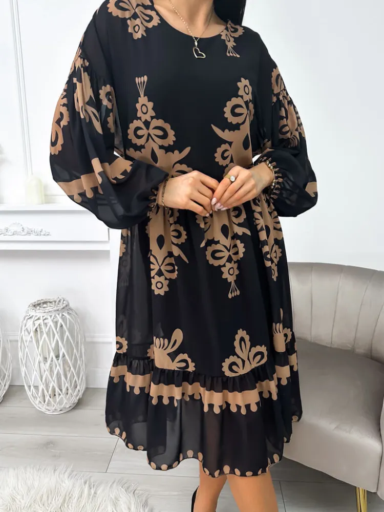 Czarna Sukienka w Brązowy Wzór 11298-02-Q|Modna Kiecka Fashion
