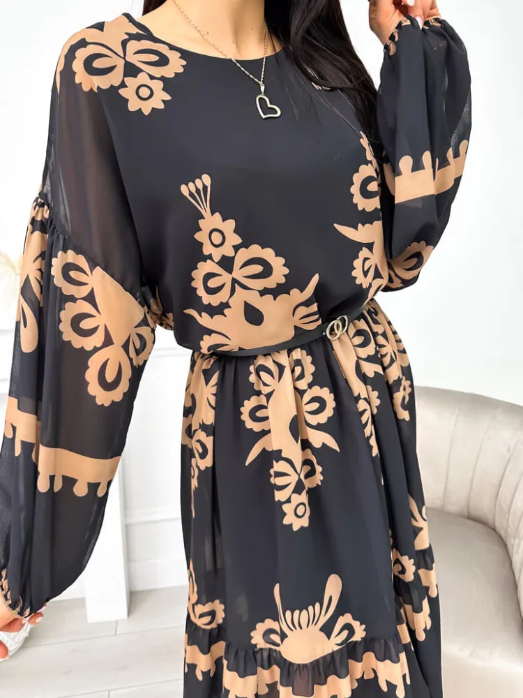 Czarna Sukienka w Brązowy Wzór 11298-02-Q|Modna Kiecka Fashion