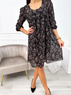 Czarna Sukienka w Brązowy Wzór  11156-139-Q|Modna Kiecka Discount