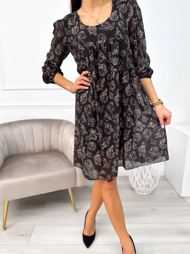 Czarna Sukienka w Brązowy Wzór 11156-139-Q|Modna Kiecka Discount