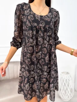 Czarna Sukienka w Brązowy Wzór 11156-139-Q|Modna Kiecka Discount