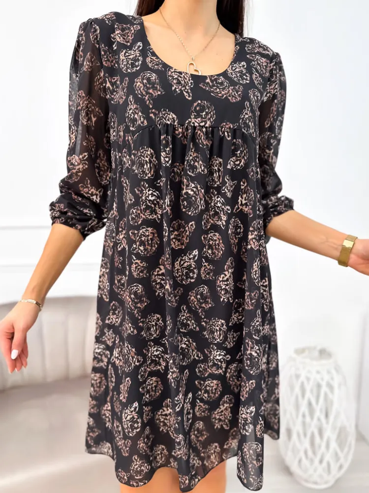 Czarna Sukienka w Brązowy Wzór 11156-139-Q|Modna Kiecka Discount