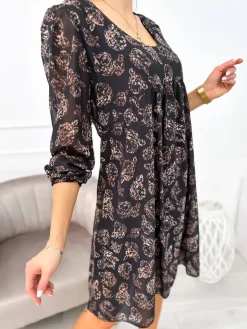Czarna Sukienka w Brązowy Wzór 11156-139-Q|Modna Kiecka Discount