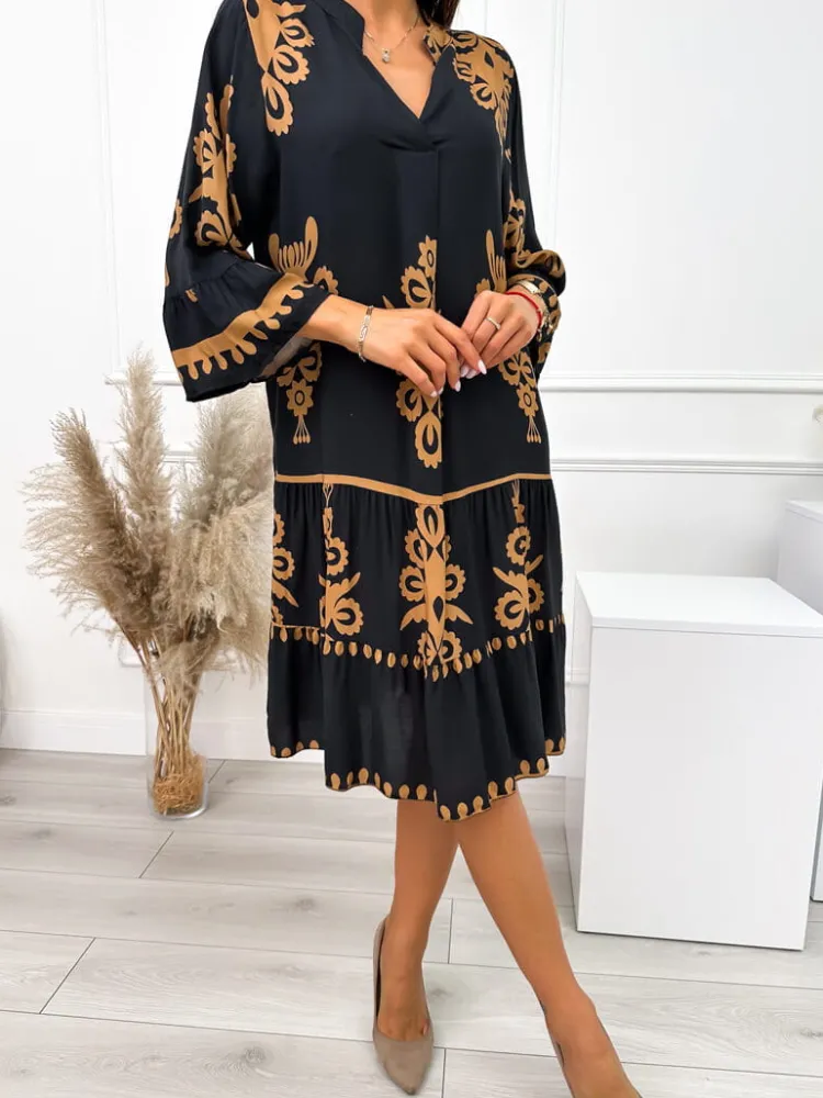Czarna Sukienka w Brązowy Wzór 10786-531-B|Modna Kiecka Fashion