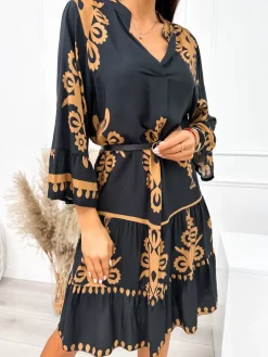 Czarna Sukienka w Brązowy Wzór 10786-531-B|Modna Kiecka Fashion