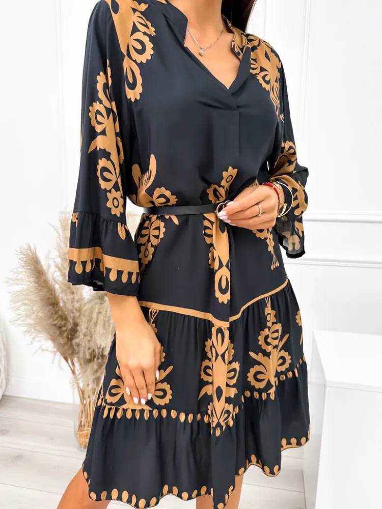 Czarna Sukienka w Brązowy Wzór 10786-531-B|Modna Kiecka Fashion