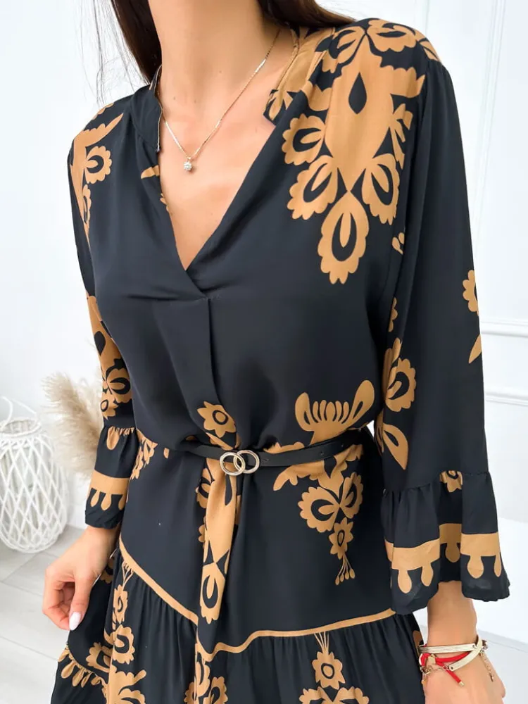 Czarna Sukienka w Brązowy Wzór 10786-531-B|Modna Kiecka Fashion