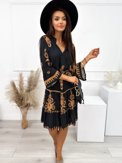 Czarna Sukienka w Brązowy Wzór 10786-531-B|Modna Kiecka Fashion