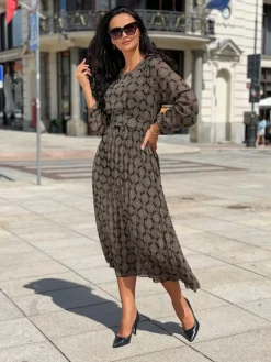 Czarna Sukienka w Brązowy Wzór  6596-305-Q|Modna Kiecka Discount