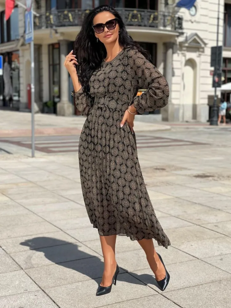 Czarna Sukienka w Brązowy Wzór 6596-305-Q|Modna Kiecka Discount