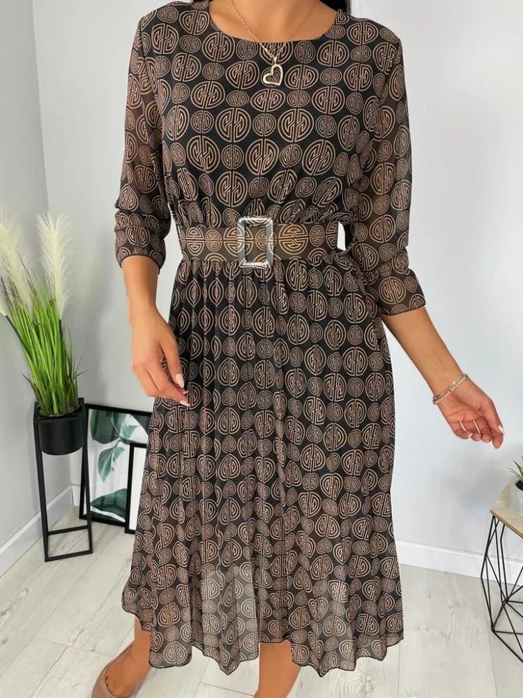 Czarna Sukienka w Brązowy Wzór 6596-305-Q|Modna Kiecka Discount