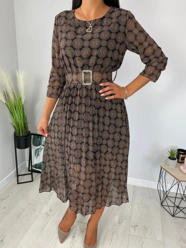 Czarna Sukienka w Brązowy Wzór 6596-305-Q|Modna Kiecka Discount