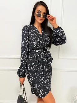 Czarna Sukienka w Cętki z Paskiem 13465-24-B|Modna Kiecka Online