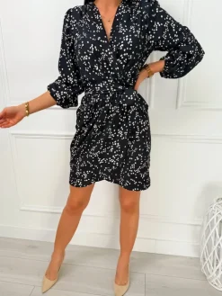 Czarna Sukienka w Cętki z Paskiem 13465-24-B|Modna Kiecka Online