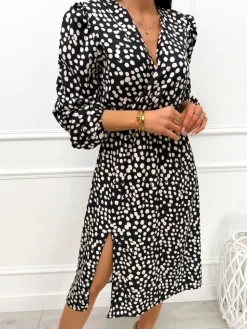 Czarna Sukienka w Cętki z Rozcięciem 13461-421-B|Modna Kiecka Discount