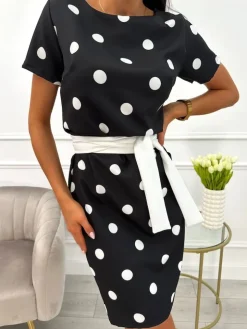 Czarna Sukienka w Grochy z Paskiem 13822-192-B|Modna Kiecka Fashion