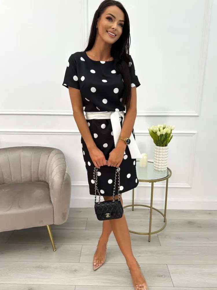 Czarna Sukienka w Grochy z Paskiem 13822-192-B|Modna Kiecka Fashion