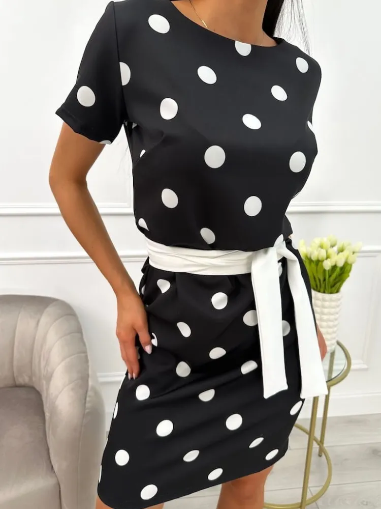 Czarna Sukienka w Grochy z Paskiem 13822-192-B|Modna Kiecka Fashion