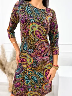 Czarna Sukienka w Kolorowy Wzór 10795-60-Q|Modna Kiecka Online